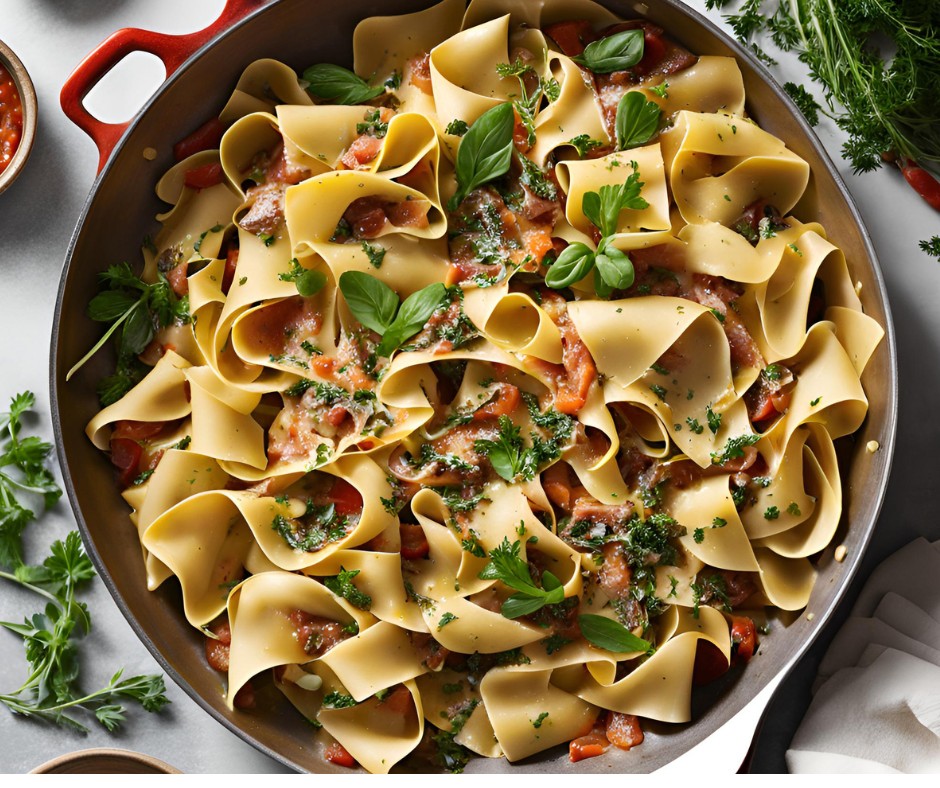 Pappardelle met kalkoen en groentesaus in ovenschaal.